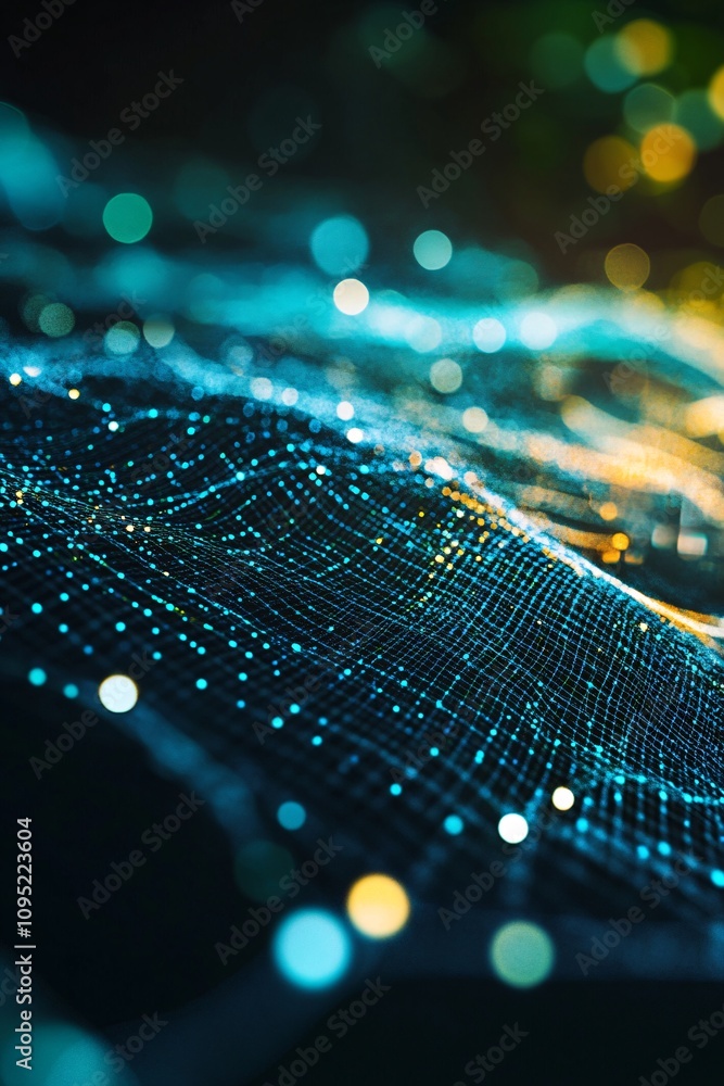 Poster abstract blue wavy mesh glowing with particles on dark background