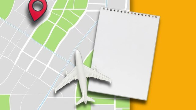 3D map, a geolocation icon appears, an airplane flies by, a blank notepad with a blank white page appears. Animation banner mockup for travel agencies and travel and flight planning