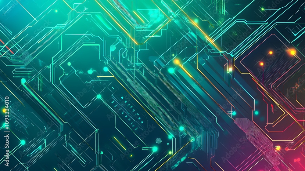 Poster a tech-inspired abstract background featuring digital grids, circuit patterns, and glowing neon elem