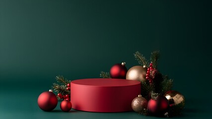 Red circular pedestal surrounded by Christmas ornaments, pine branches, and berries on a green background, festive holiday display concept with copy space