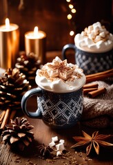 cozy winter beverage setup charming props platforms candid seasonal vibe warm scenery seasonal accents, drink, mug, scarf, blanket, firewood, cinnamon