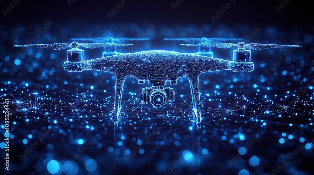 Aufkleber abstract depiction of a drone with action video camera against a dark blue backdrop, characterized b