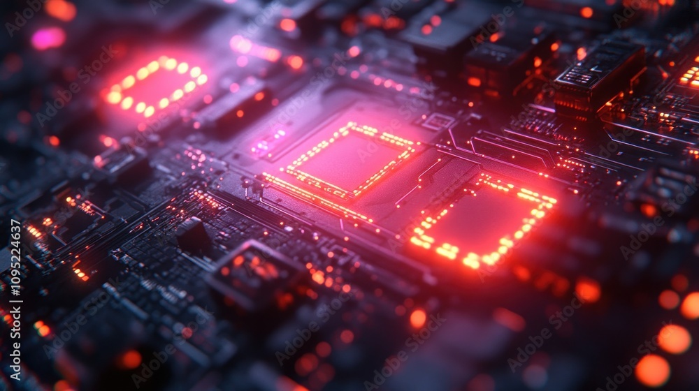 Poster close up of a circuit board with red lights