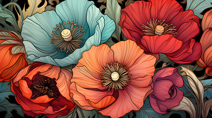 Illustrative floral composition featuring vibrant poppies and intricate details