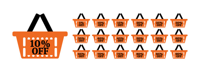 Set of discount labels in orange shopping basket shape. 5, 10, 15, 20, 25, 30, 35, 40, 45, 50, 55, 60, 65, 70, 75, 80, 85, 90 percent off.