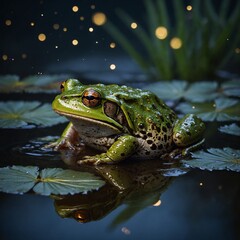 Obraz premium A frog surrounded by fireflies in a quiet, moonlit pond.