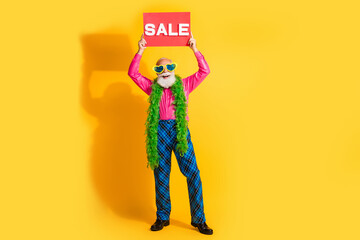 Full body photo of retired man boa hold sale plate dressed pink shirt vintage plaid pants fancy...