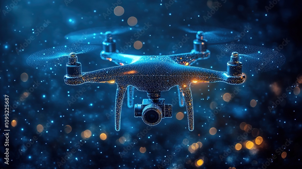 Poster abstract depiction of a drone with action video camera against a dark blue backdrop, characterized b