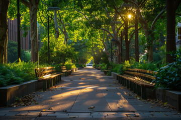 A serene urban park pathway at sunrise with lush greenery, wooden benches, and dappled sunlight filtering through tree canopies