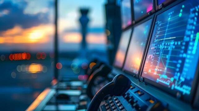 Close up of an air traffic control tower console with a sunset view in the background.