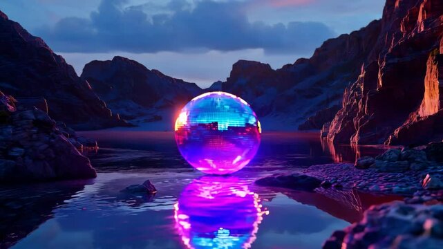 Neon purple shiny disco ball in mysterious landscape, water reflection. Visuals for a dj set, music video. Nightlife colorful glowing discoball surreal motion graphics. Abstract colorful background.