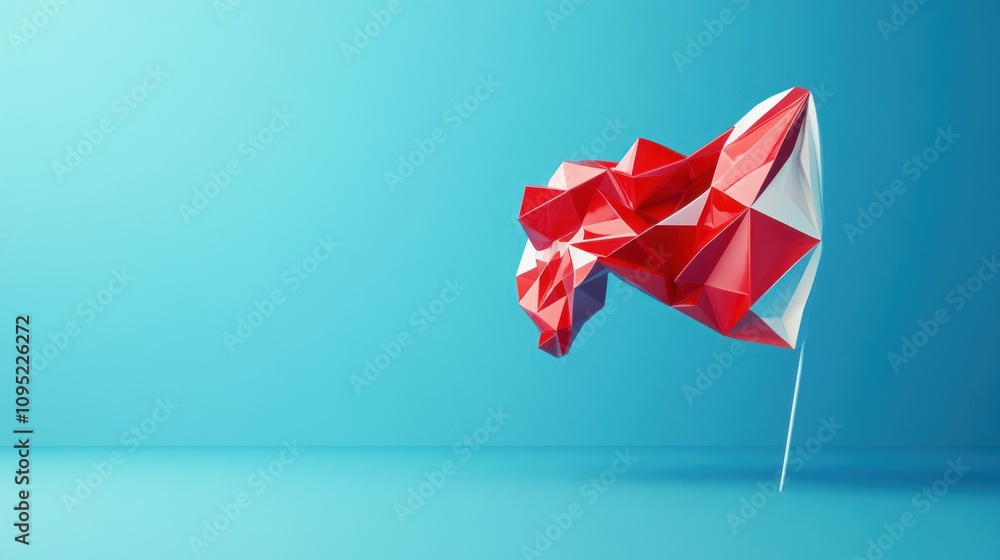 Aufkleber abstract red and white polygonal form on a turquoise background: a 3d render of a modern and geometr