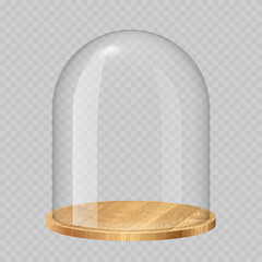Glass dome with wooden tray. Transparent crystal bell, container, case, cover with round wood plate. Empty product display or showcase. Realistic vector illustration isolated on transparent background © Mariquita vector