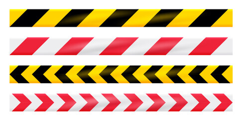 Caution warning tapes. Danger tapes with diagonal yellow-black and white-red strips for construction, crime scene or danger zone. Warning ribbons isolated on white background. Realistic vector.