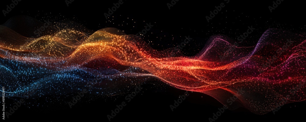 Poster abstract colorful particles flowing on black background