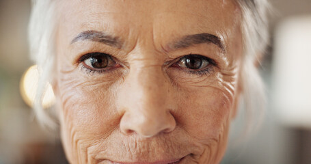 Senior woman, portrait and eyes with anti aging treatment, collagen facial results and microblading confidence. Beauty, face and cosmetics for wrinkles, skin hydration or dermatology with aesthetic