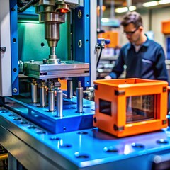 A close-up of an injection molding machine at work in an industrial setting, producing plastic parts
