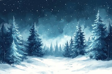 Obraz premium Blue snowy Christmas tree forest under starry night on festive background