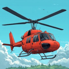 Fototapeta premium A vibrant orange helicopter flying against a blue sky with clouds.
