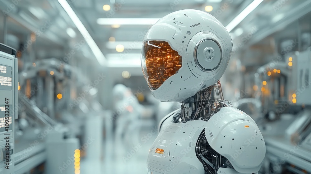 Poster robot in a futuristic factory