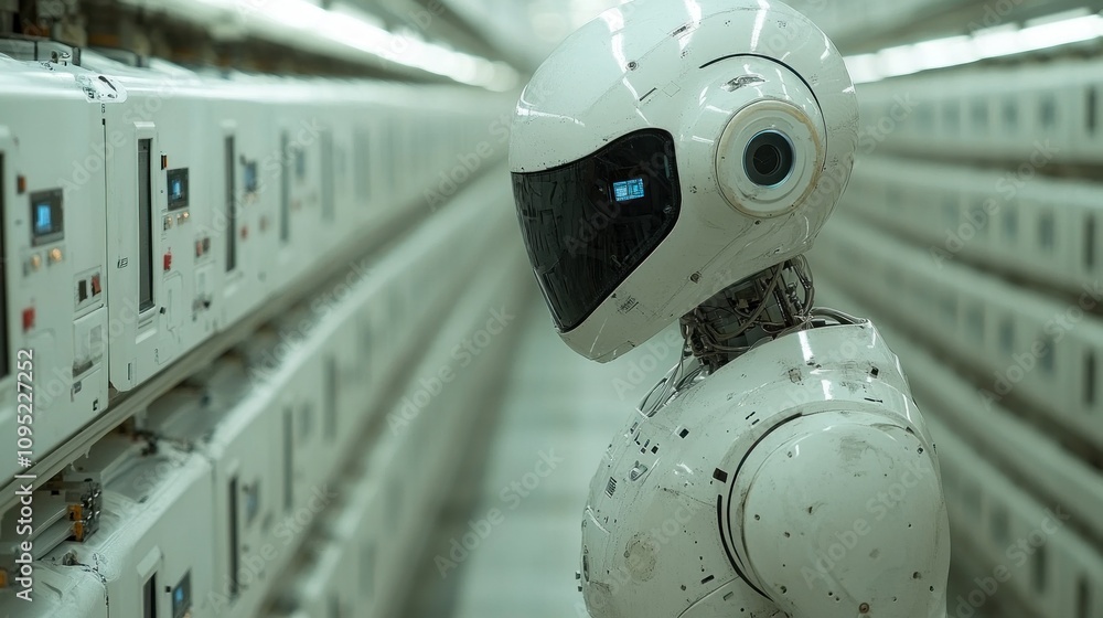 Poster robot in a futuristic environment