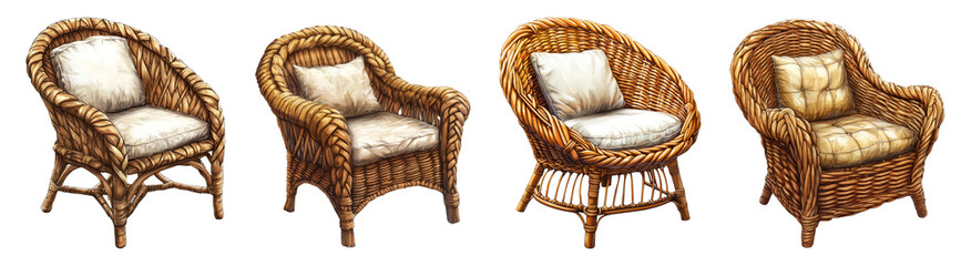 Fototapeta premium Various Wicker Chairs on Transparent Background