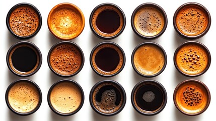 Overhead shot of various espresso shots in small cups.