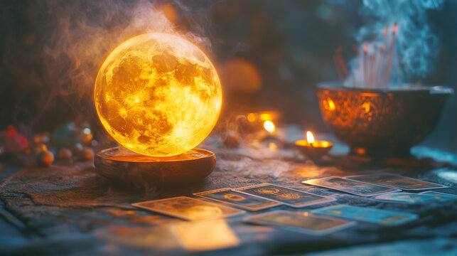 A glowing full moon illuminating a tarot deck on an outdoor altar, with smoke from incense rising in the background