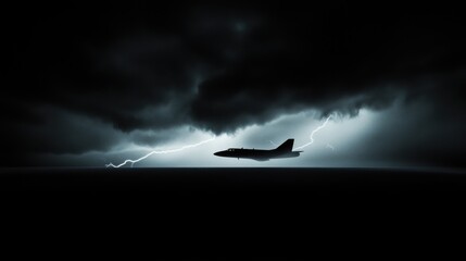 Silhouette Jet Plane Flying Through Dramatic Thunderstorm Lightning