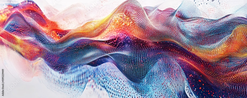 Poster colorful particle waves flowing in digital space