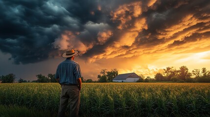 Fototapeta premium Farmer observing weather patterns, assessing field impacts.
