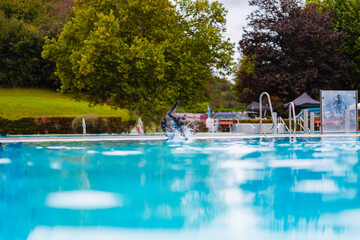 Black Dog Leaps Into a Sparkling Blue Swimming Pool on a Bright Day Outdoors, Surrounded by Lush Greenery and Vibrant Trees at a Picturesque Public Park