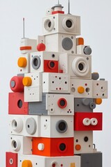 A colorful tower of stacked abstract geometric shapes creating a unique modern art display.