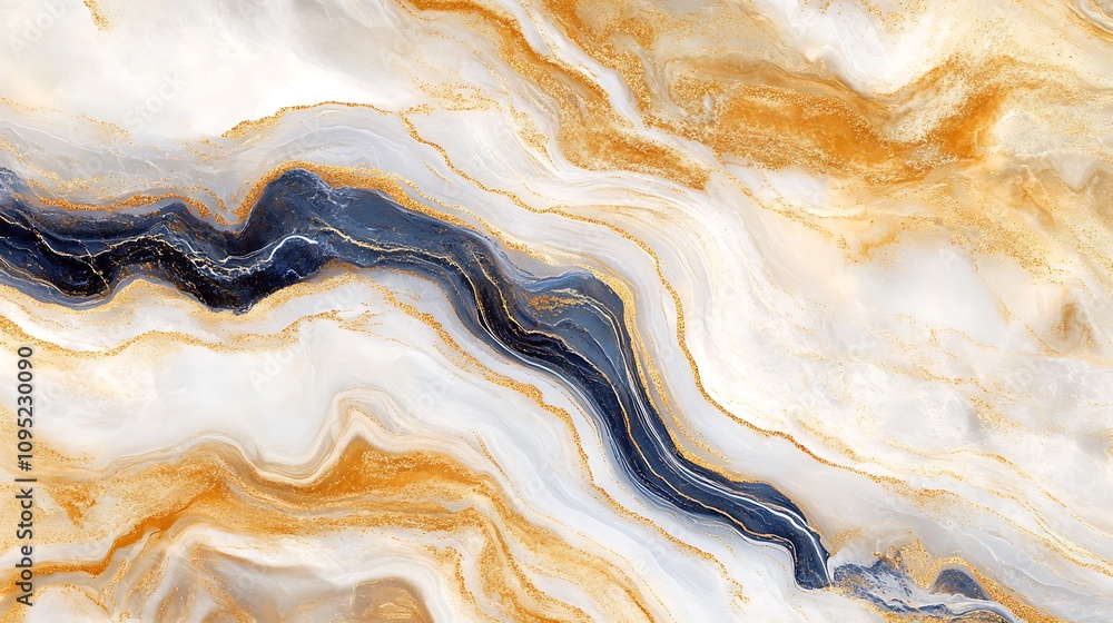 Poster a luxurious marble abstract background with smooth swirling patterns in shades of gold and deep blue