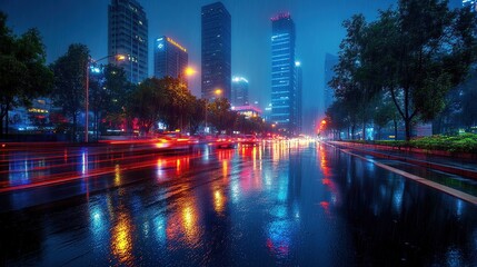 Obraz premium Rainy Night Cityscape: Vibrant Reflections in Urban Streets