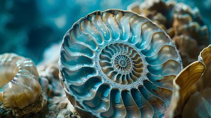 Close up of an ammonite fossil with a blue iridescent sheen, surrounded by other shells.