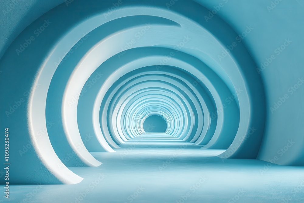 Poster a captivating abstract passageway featuring smooth, curved walls and a soft blue color palette, invi