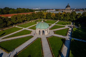 Beautiful aerial footage of the Diana Temple (Dianatempel) in the Munich Hofgarten the garden and...