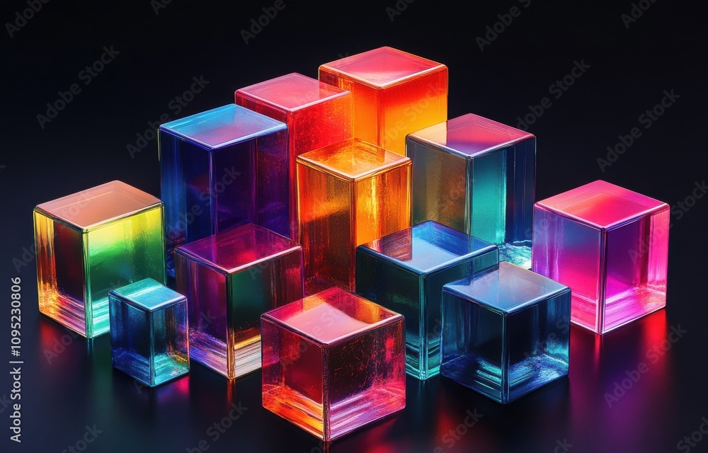 Poster a collection of colorful transparent cubes with beautiful light reflections on a dark background for