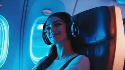 young woman Traveler with headphones in the plane