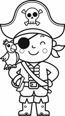 Fototapeta premium Black and White Vector Illustration of a Cute Pirate Captain with Parrot Generative aI