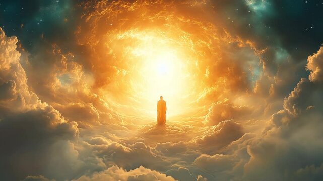Abstract heaven ascension motion graphics. Lord, silhouette of Jesus Christ in sunset cloudscape. Religious spiritual awakening ethereal animation. Divine sacred healing, eternity, salvation concept.