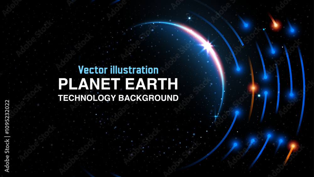 Poster futuristic technology vector: abstract glowing planet earth and solar eclipse on starlight backgroun