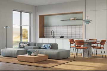 Studio room interior with lounge zone and cooking area furnished with sofa and dining table. Modern design solution, 3d rendering