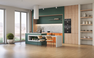 Studio room interior with lounge zone and cooking area furnished with sofa and dining table. Modern design solution, 3d rendering