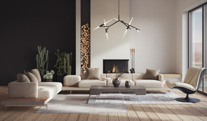 Minimalist living room interior with modern fireplace. Interior mockup, 3d render	
