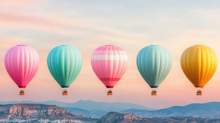 Fototapeta premium Colorful Hot Air Balloons Soaring Over Scenic Landscape at Sunrise