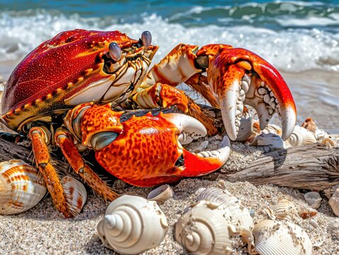Close-up of a giant crab claw gripping driftwood on a sandy beach with seashells - Powered by Adobe