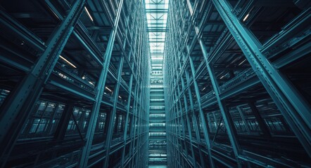A Stunning Perspective of an Industrial Storage Facility with Towering Racks and Bright Glass Roof Illuminating the Aisle in a Modern Warehouse Environment