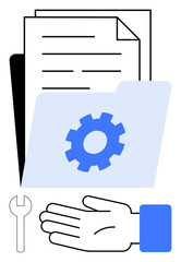 Papers, folder with gear icon, hand, and wrench representing document management, technical support, and organization. Ideal for productivity, technology, office tools workflow reliability